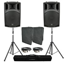 QTX Twin QX15A Speaker Bundle With Covers & Stands